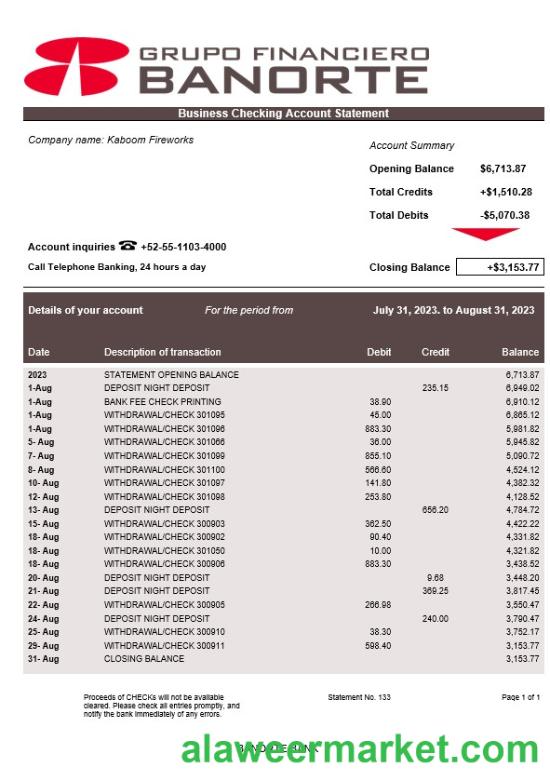 Banorte Bank enterprise statement Word and PDF template